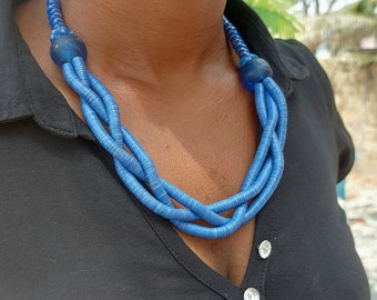 African vinyl necklace, blue ethnic multi-strand necklace, recycled glass beads, gift for her