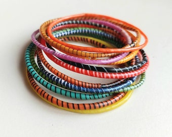 12 rainbow old flip flop bangles, reclaimed rubber bangles handmade in Mali, surfer bracelets, gift for her