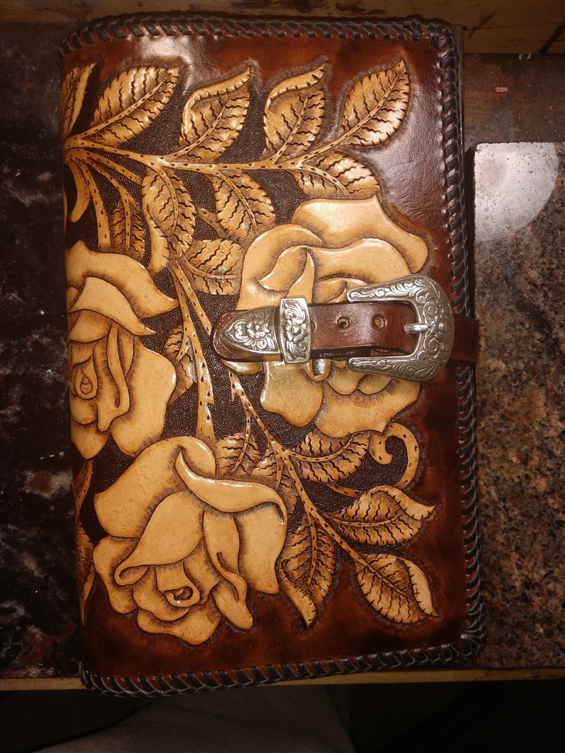 Lady Rose Bible Cover with Diablo Buckle Please read item details before you order. MEASUREMENTS REQUIRED Height, Width, Thickness image 1