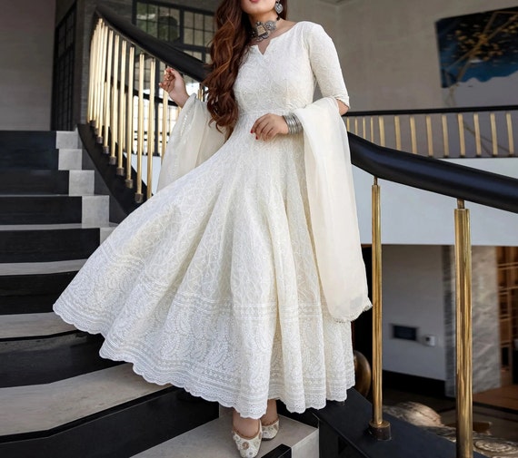 Buy White Mul Cotton Embroidery V Neck Maxi Dress For Women by Kharakapas  Online at Aza Fashions.