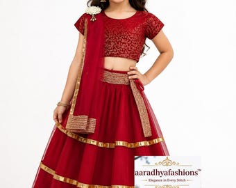 Girls Maroon Net Lehenga Choli | Indian Ethnic Wedding Party Wear Outfit