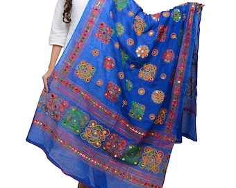 Scarf YATHABI Cotton Long Womens Kutch Work Turquoise Dupatta Embroidery Floral Handicraft Shawl Wrap Stole