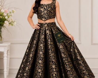 Girls Brocade Silk Lehenga Choli, Indian Festive Party Wear Dress