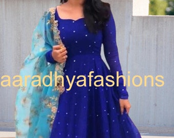 Beautiful organza full flair gown, long ANARKALI GOWN for women, Heavy Party Wear Suit, Salwar Suit, Indian Gown, blue suit with dupatta