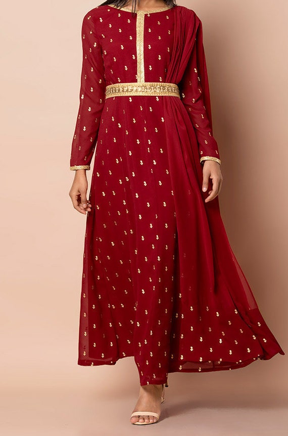 Buy madhuram Women's Long Gown for Solid Chinon with Heavy Embroidery Work  Belt and Drapping Attached Dupatta with V-Neck Gown(M-2412 Dark  Pink_X-Large) at Amazon.in