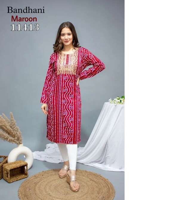 Bandhani Palace Launched Stylishta Vol 9 Maslin Fancy Designer Gown Type  Kurtis