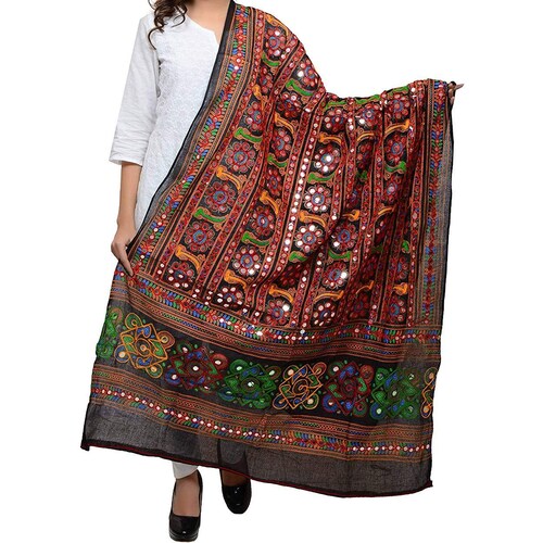 Women's Traditional Cotton Embroidered Jaipuri Dupatta Color Black. 