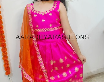 Indian Kids Satin Lehenga Choli, Ethnic Brocade Dress