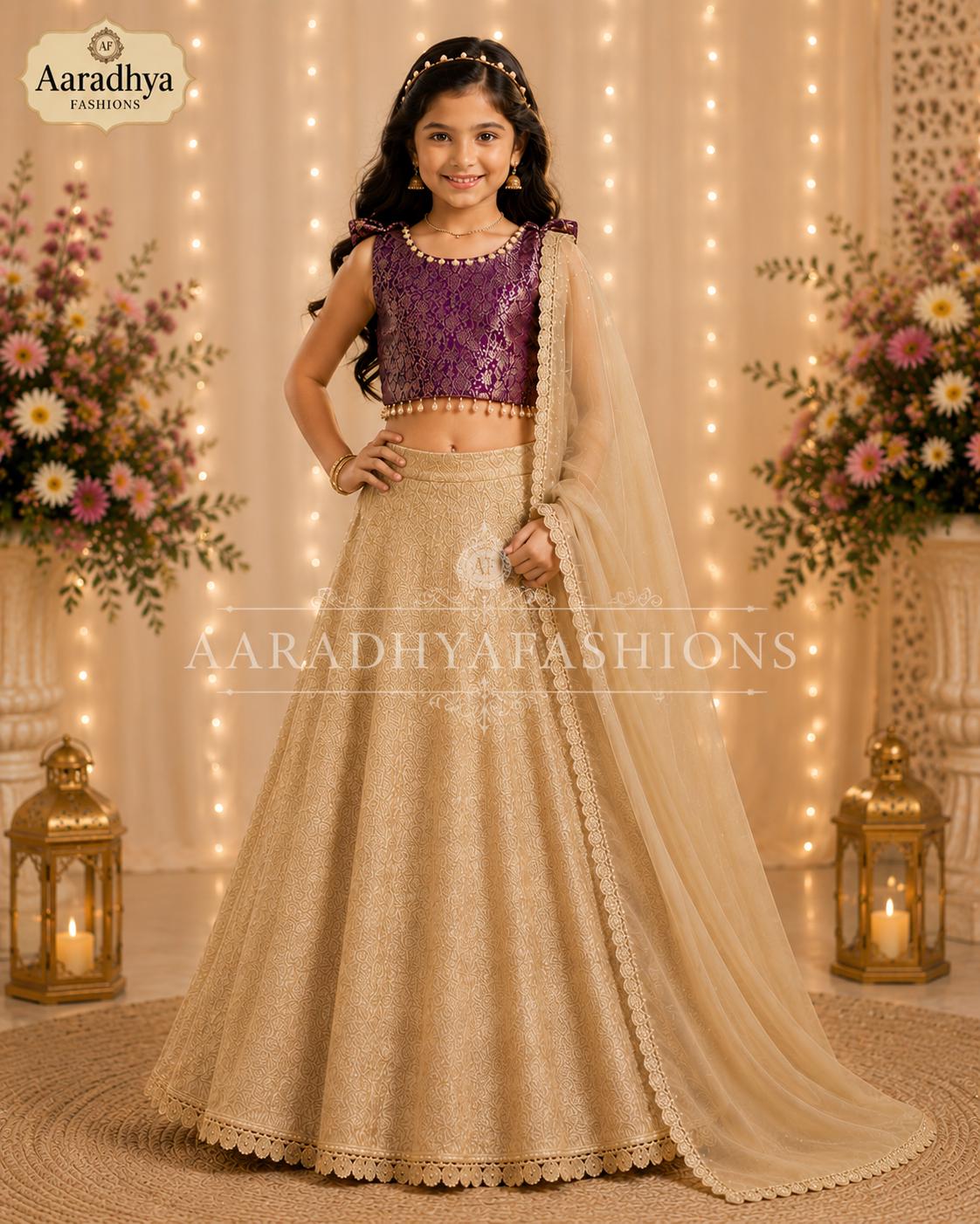 Girls Purple Brocade Lehenga Choli Gold Jacquard Skirt, Chiffon Dupatta, Indian Festive Wear