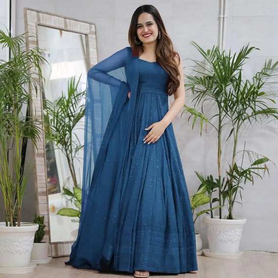 Beautiful Full Flair Gown, Long Lucknowi Gown for Women, Heavy Party Wear  Suit, Chinkari Salwar Suit, Indian Gown, Blue Suit With Dupatta -   Sweden