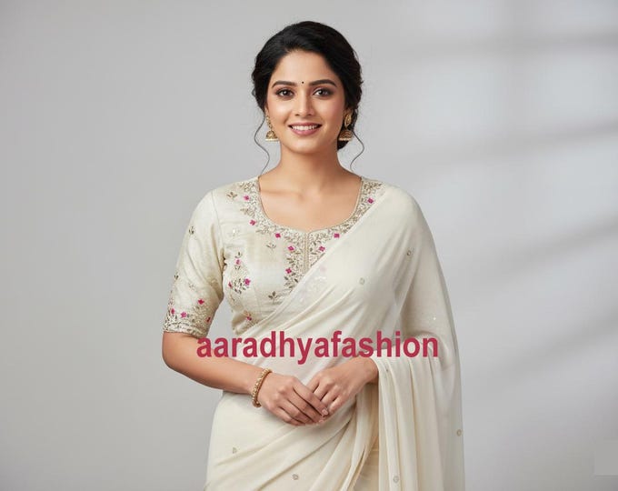 Featured listing image: Handmade Ivory Tissue Silk Saree Blouse | Gota Patti Embroidery Choli