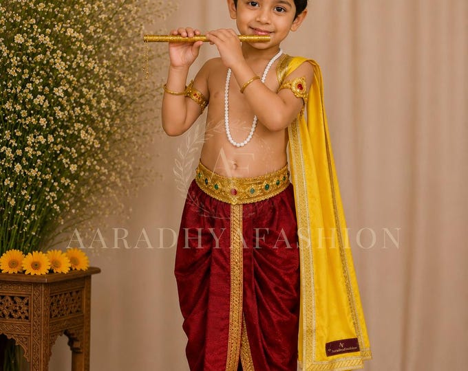 Featured listing image: Traditional Krishna Dress for Kids, Indian Silk Dhoti, Kanha Outfit