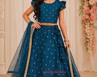 Girls Teal Silk Blend Lehenga Choli Set | Indian Party Wear Ghagra Ethnic Dress