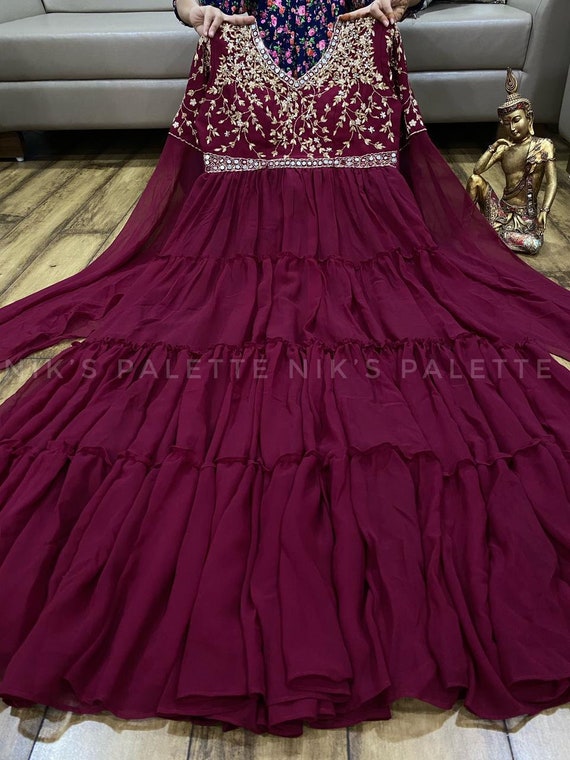 Marron Colour Print Work Full Length Gown – Cygnus Fashion