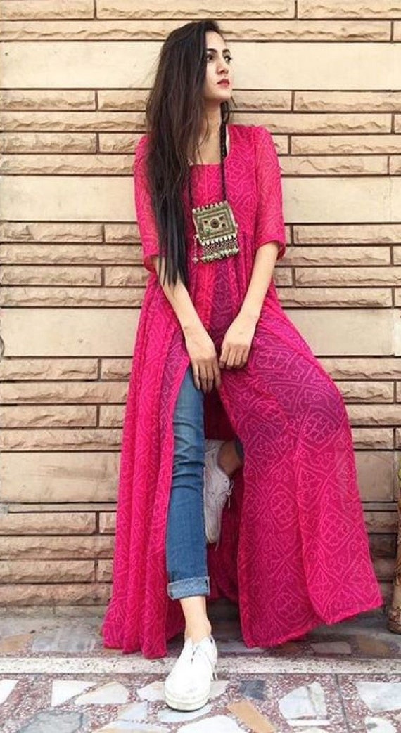 Buy Indian Designer Georgette Bandhej Jaipuri Print Kurti With Pant, Long  Kurti Suits, Salwar Suits, Bandhani Suits, Fusion Wear Online in India 