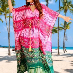 Indio Bandhej Satin Kaftan Kurti con Dori Zumka / Beachwear Kaftan
