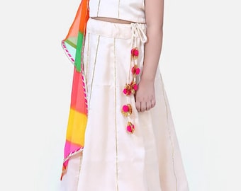 White Tapeta Silk Lehenga Choli for Girls, Indian Dress