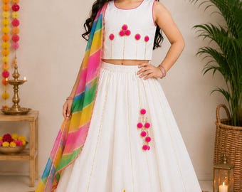 Baby Girl Silk Lehenga Choli, Kids White Lehenga for Girls with Multicolor Dupatta | Indian Traditional Dress | Party Wear Outfit