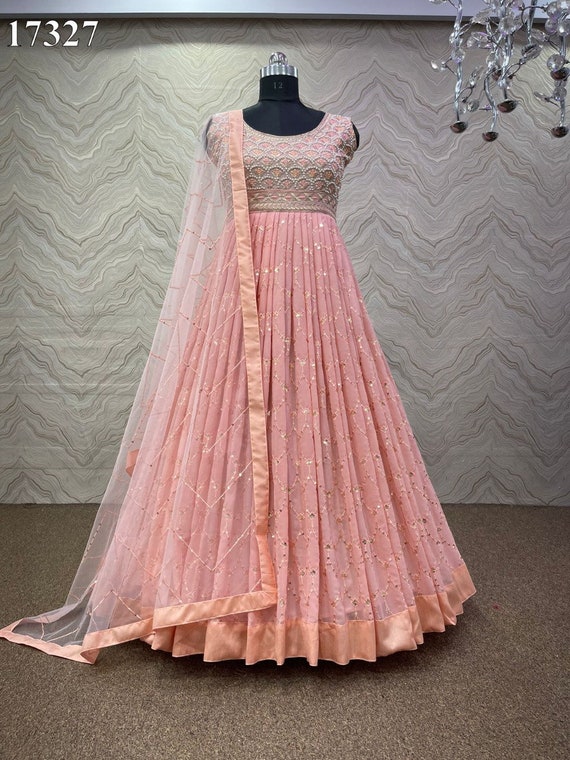 Peach Pink Embroidered Anarkali Suit in Georgette - SKDDF2573 from...