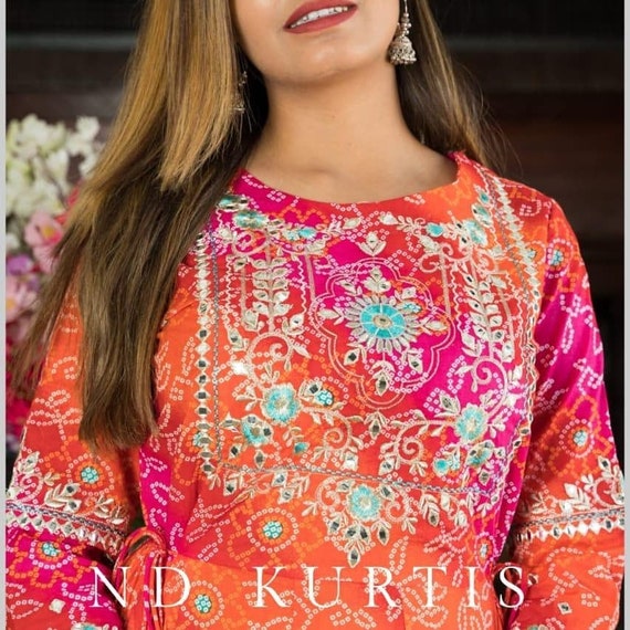 Gorgeous Light Orange Cotton Embroidered Kurti With Pant | Bhadar