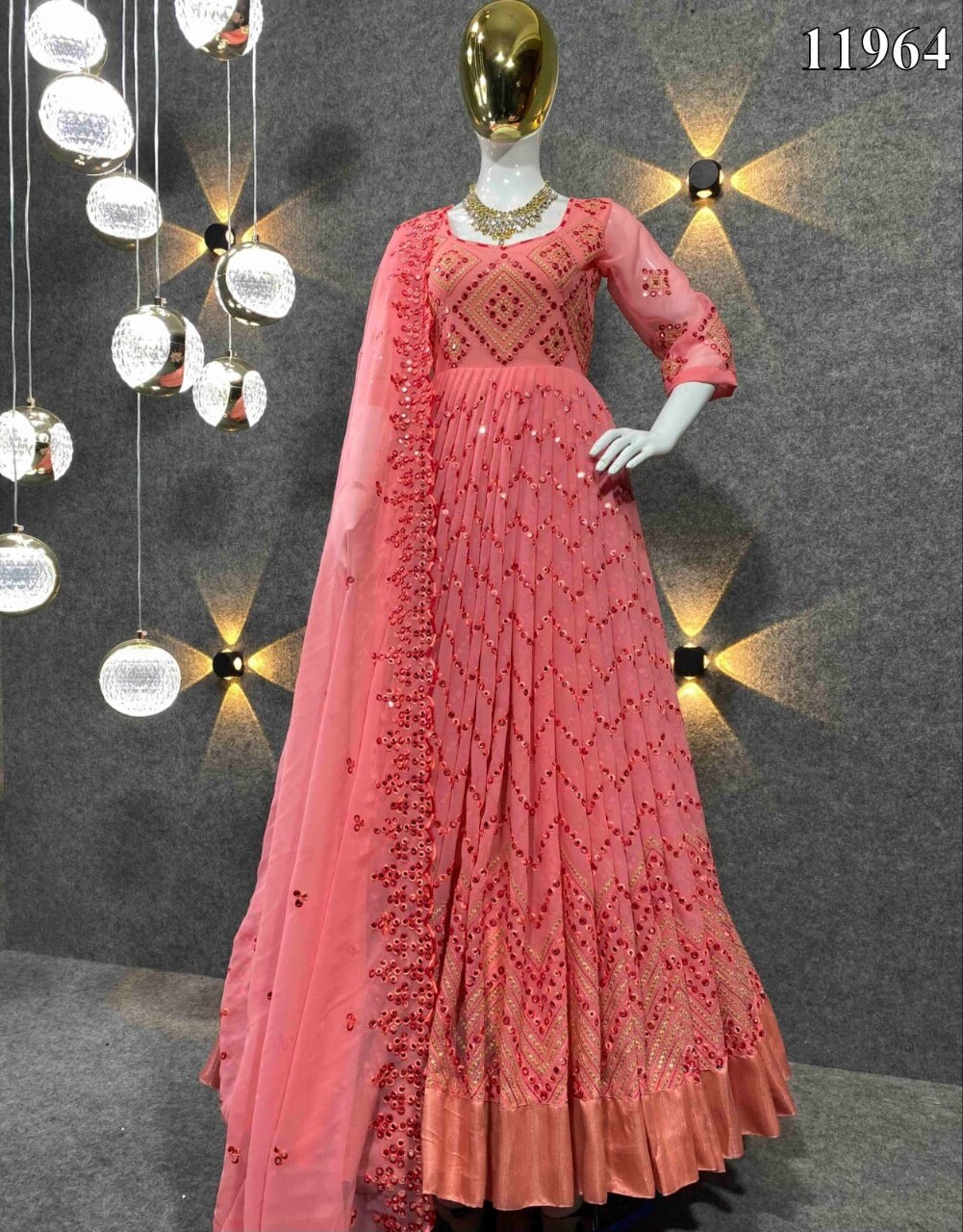 Embroidered Net Semi Stitched Anarkali Gown (Peach)