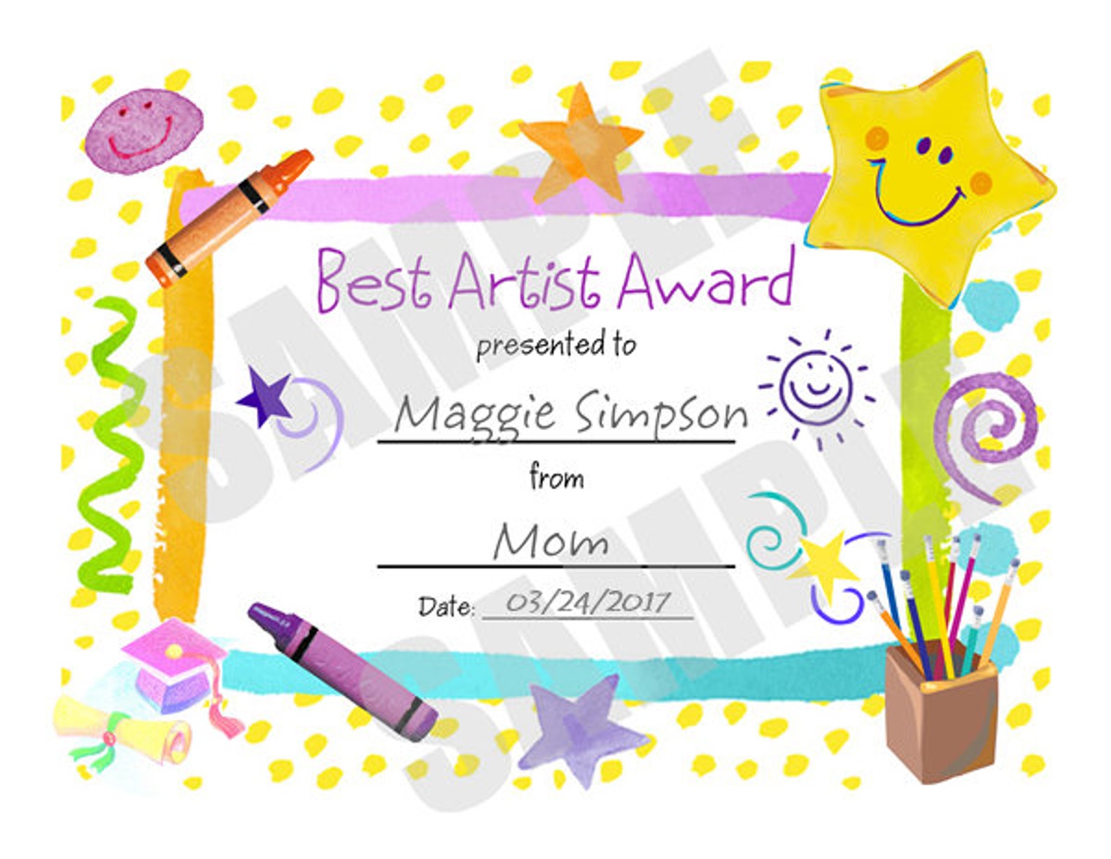 Certificate for Kids, Best Artist Certificate, PDF Download, Print Your