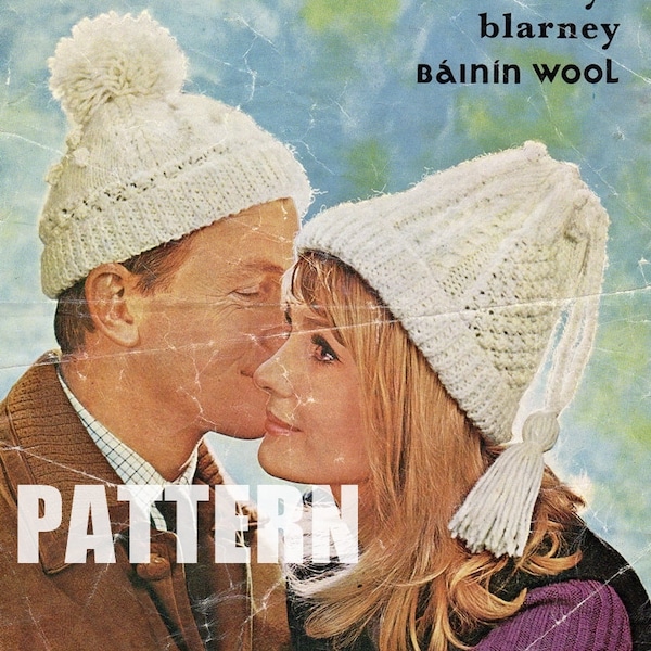 Irish Hats, Vintage Knitting Pattern, Blarney Bainin Hats, Knitted Pom Pom Beanie, 1960's, PDF Instant Download