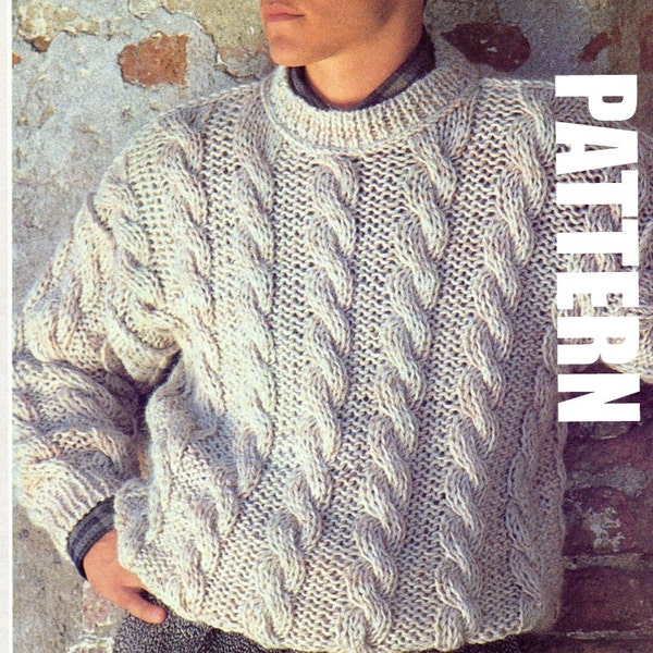 Mens Knitted Sweater, Vintage Cable knit Sweater, Chunky Sweater, Mens Fashion, Knitting Pattern, PDF Instant Download