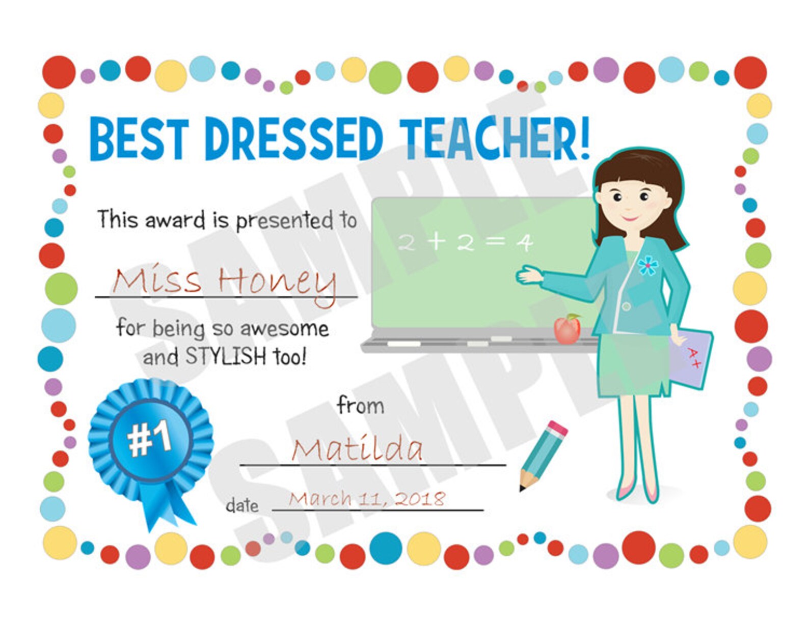 Certificate, Best Dressedteacher, Kids Certificate, PDF Download, Print
