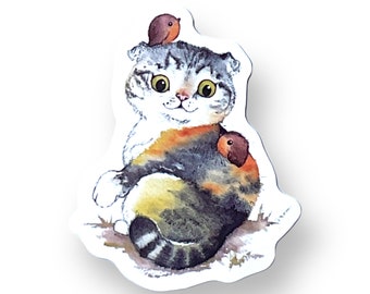 Kitten with birds, Laptop sticker, Cat Sticker, Robins on a Cat, Water bottle sticker, Vinyl sticker, Fun sticker, Cat, Sticker