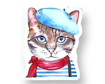 Cat wearing Beret, French cat, Laptop sticker, Cat Sticker, Cat wearing hat, Water bottle sticker, Vinyl sticker, Fun sticker, Cat, Sticker