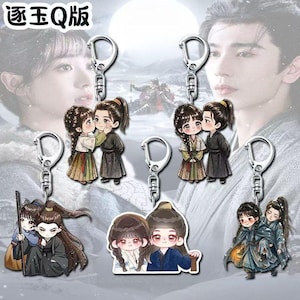 Puede incluir: Llaveros con ilustraciones de dibujos animados de parejas con trajes tradicionales. Cada llavero tiene un cierre plateado. El fondo incluye imágenes de personas y el texto "逐玉Q版".