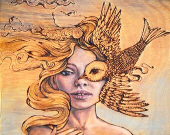 Loyal Sparrow, wood burning, oil painting, Print on Paper