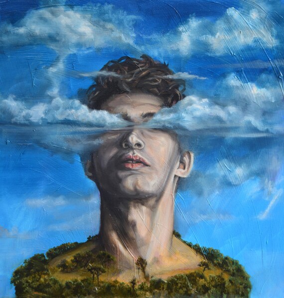 Surrealist portrait head in clouds original oil painting Etsy