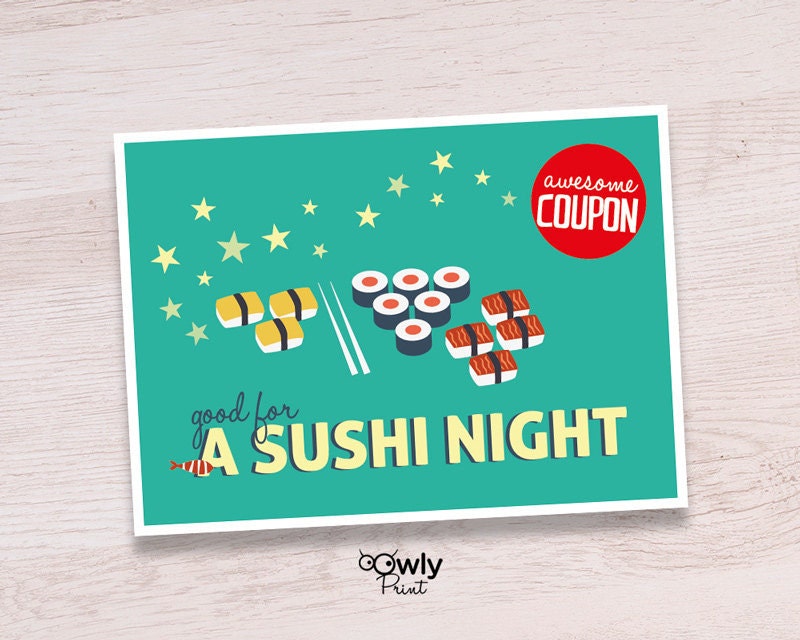 Printable Sushi Night CouponCardPDF Sushi Card Ready to Etsy