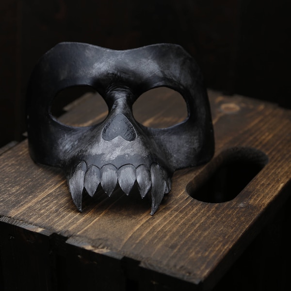 Leather Skull Mask - black bone fang design - human demon grim reaper death skull face mask
