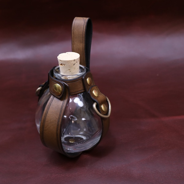 Steampunk Vial Holder - in brown leather and brass - Glass bottle included - larp costume, potion bottle, witchcraft