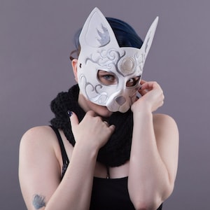 Leather Cat Mask in White Scroll Carving image 3