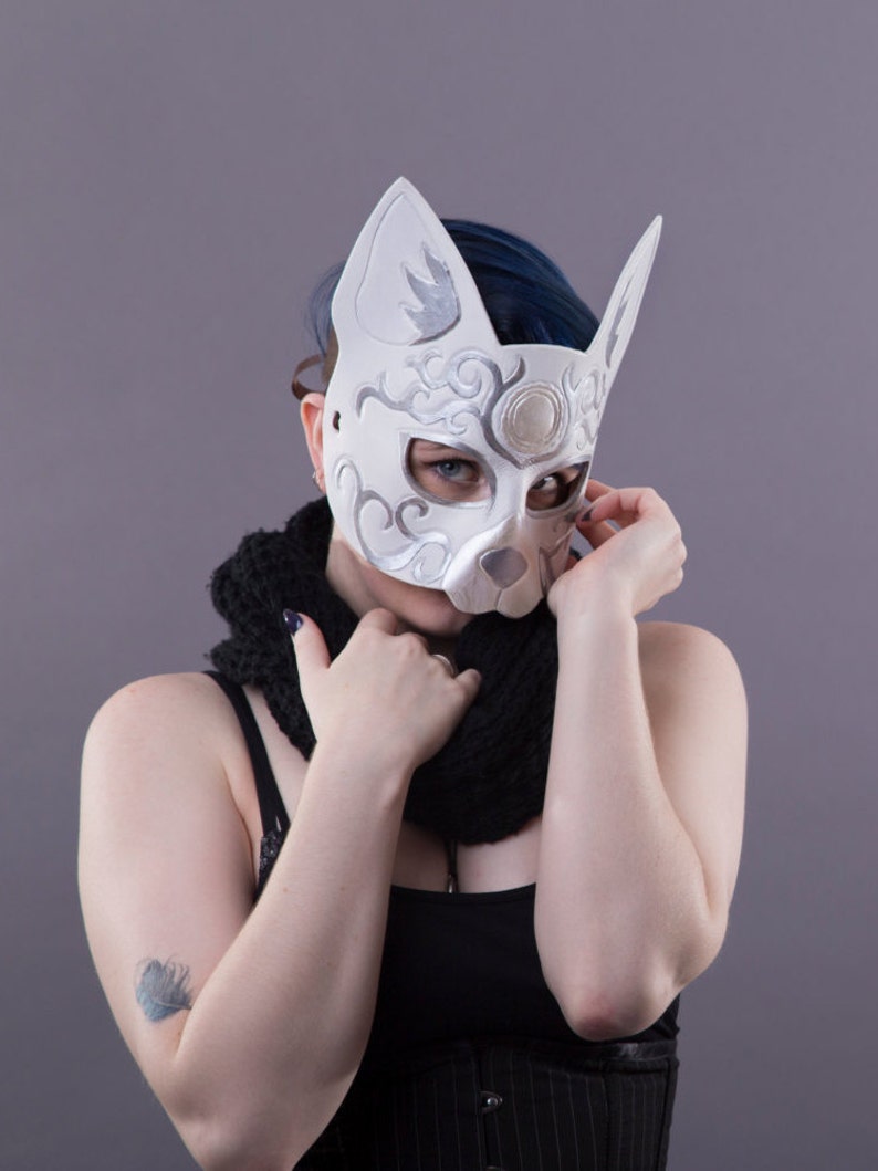 Leather Cat Mask in White Scroll Carving image 3