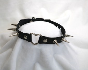 leather choker / leather collar handmade black with silver heart and spikes