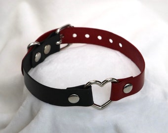 leather choker / leather collar handmade black and red, with silver heart