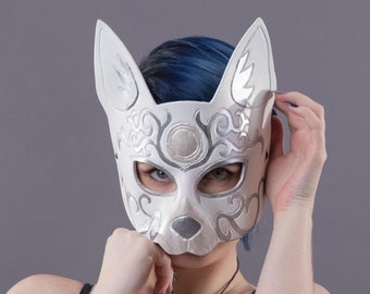 Leather Cat Mask in White - Scroll Carving