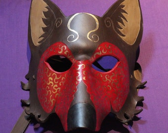 Leather Masquerade Wolf Mask. Brown, Red, and Gold  Omega design