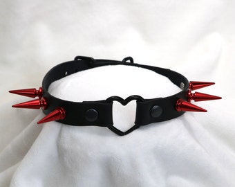 leather choker / leather collar handmade black with large red spikes