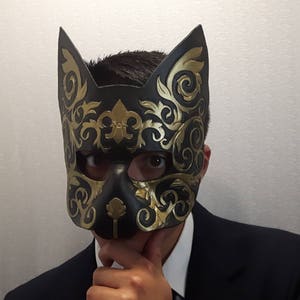 Cat Mask - Black and Gold leather fluer de lis greek victorian steampunk style image 2
