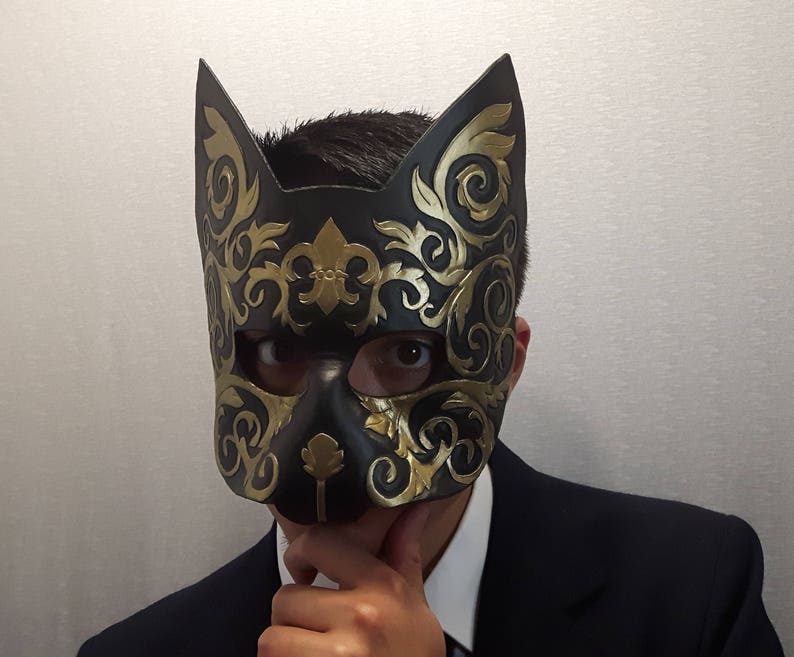 Cat Mask - Black and Gold leather fluer de lis greek victorian steampunk style image 2
