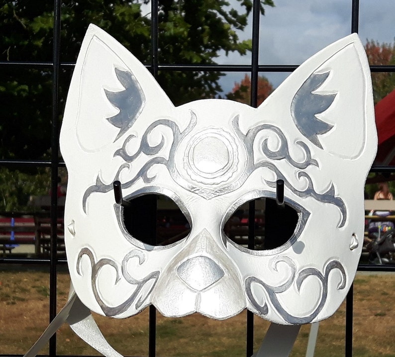 Leather Cat Mask in White Scroll Carving image 4