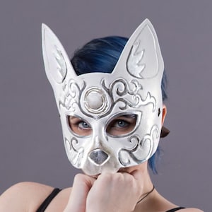 Leather Cat Mask in White Scroll Carving image 2