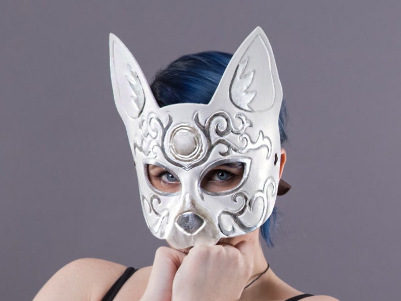 Leather Cat Mask in White Scroll Carving image 2