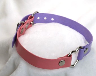 leather choker / leather collar handmade black and pink and lavender, with silver heart